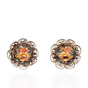 Vintage Italian Micro Mosaic Clip Earrings Floral Made Italy 1950s